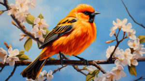 A bright orange bird sits on a flowering tree branch its feathers shining in the sunlight against a backdrop of blue sky. wallpaper