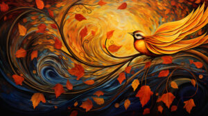 A captivating wallpaper displaying an orange bird in flight wings extended amidst autumn leaves and warm hues