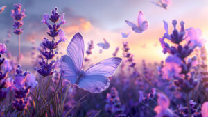 A captivating wallpaper showcasing graceful lavender butterflies frolicking against a backdrop of blooming lavender fields