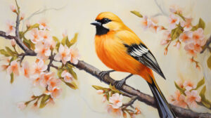 A cheerful wallpaper features a stunning orange bird gracefully sitting on a blossoming branch emanating warmth and vibrancy