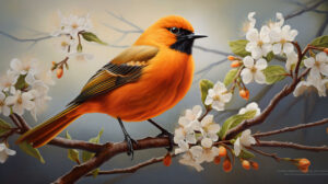 A lively orange bird sits on a blossoming branch emitting warmth and cheer creating a captivating wallpaper