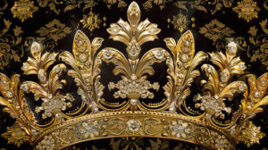 A luxurious wallpaper adorned with an elegant crown pattern in gold and jewels exudes a regal charm and opulence