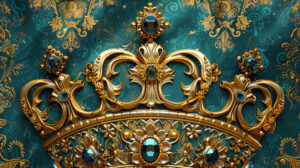 A luxurious wallpaper featuring an elegant crown pattern in gold and jewels exuding a regal and opulent vibe