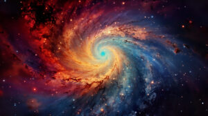 A mesmerizing wallpaper featuring a spiral galaxy ablaze with vibrant cosmic dust hues