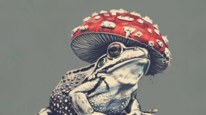 A minimalist wallpaper displaying a lone frog sporting a detailed patterned mushroom hat in a jpg format