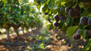 A scenic wallpaper capturing the plentiful ripe figs in a natural setting of a fig orchard