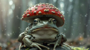 A snug fitting mushroom hat adorns a peaceful frog in a close up wallpaper capturing a serene moment