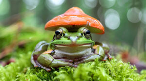 A snug mushroom hat perched on a content frog in a serene moment wallpaper capturing this beautiful scene is titled Snug Serenity