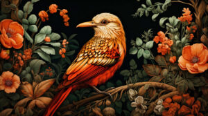 A stunning wallpaper showcases a detailed close up of a beautiful orange bird framed by lush foliage and vibrant flowers