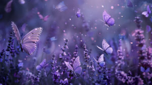 A surreal scene with lavender hued butterflies fluttering in a dreamy, magical atmosphere