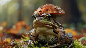 A tranquil frog wearing a cozy mushroom hat is the focus in the close up moment titled Serenity Captured