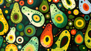 A vibrant and lively wallpaper featuring a playful arrangement of avocados in diverse shapes and colors