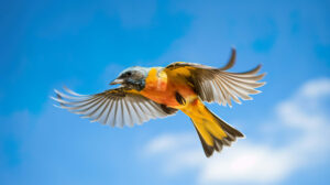 A vibrant bird with citrus colored feathers soars through the clear blue skies as captured in this captivating wallpaper