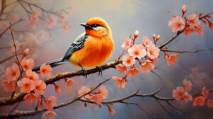 A vibrant orange bird perched on a blooming branch, radiating warmth and cheer