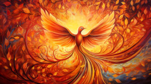 A vibrant wallpaper featuring a majestic orange bird soaring with outstretched wings amidst a mesmerizing backdrop of swirling autumn leaves and warm hues