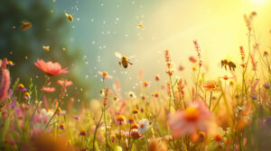 A vibrant wallpaper featuring bees buzzing around a wildflower field adding liveliness and cheer