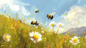 A vibrant wallpaper showcasing bees joyfully buzzing amid a wildflower filled field