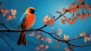 A vivid orange bird sits on a flowering tree branch its radiant feathers shining in the sunlight against the backdrop of a blue sky. 149 characters