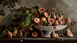 A wallpaper featuring a mix of ripe and unripe figs arranged in a dynamic and balanced still life composition