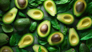 A wallpaper featuring a refreshing and lively composition of avocado and leafy greens beautifully intertwined