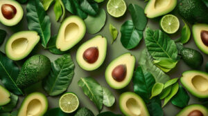 A wallpaper showcasing a harmonious blend of avocado and leafy greens creating a fresh and vibrant appearance