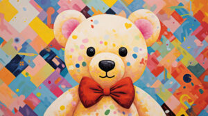 A whimsically patterned and delightfully colorful teddy bear collage titled Aesthetic Wallpaper