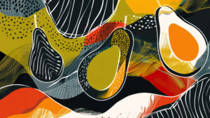 Abstract avocado artwork with bold lines and contrasting colors, offering a modern aesthetic