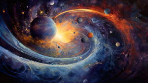 Abstract representation of a galaxy, with swirling patterns and celestial bodies