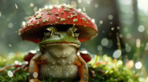 Adorable frog wearing a dapper mushroom cap, adding a touch of enchantment to your screen