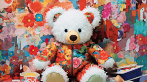Aesthetic teddy bear collage, featuring whimsical patterns and delightful colors