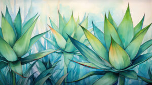 Agave plants artistically portrayed against a watercolor inspired backdrop in the wallpaper titled Artful Agaves