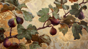 An aesthetically pleasing wallpaper showcasing ripe succulent figs hanging from lush fig tree branches set against a warm and inviting backdrop