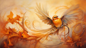 An artistic rendition of an orange bird in flight, its wings spread wide, surrounded by swirling patterns of autumn leaves and warm hues