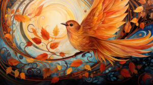 An orange bird soars wings expansive amidst autumn leaf patterns and warm hues in a captivating wallpaper
