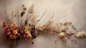 Artistic composition of various dried flowers, creating an ethereal and textured visual display