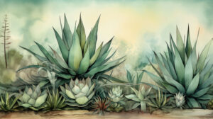 Artistic depiction of agave plants with a watercolor inspired background