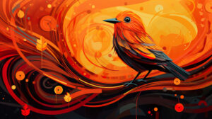 Artistic depiction of an orange bird amidst abstract orange and yellow patterns