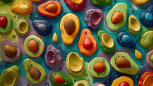 Artistic depiction of avocados in various shapes and colors, forming a lively and playful wallpaper