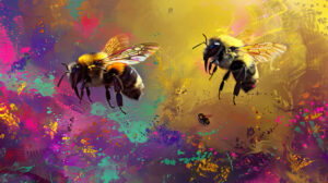 Artistic depiction of bees in flight, surrounded by botanical elements and vibrant colors