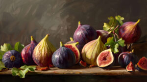 Artistic depiction of figs in various stages of ripeness, showcasing their natural beauty