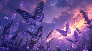 Artistic depiction of lavender butterflies with intricate patterns and ethereal wings