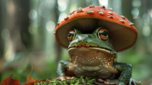 Artistic rendering of a frog wearing a stylish mushroom hat, blending nature and imagination