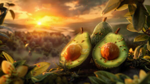 Artistic rendering of avocados in a surreal and imaginative setting, sparking creativity
