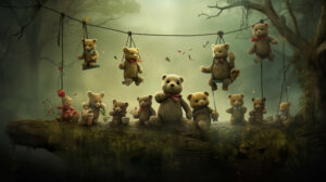 Artistic rendering of teddy bears in a surreal and imaginative setting