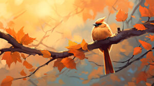Autumn vibes captured a vivid wallpaper showcasing a orange bird on a tree branch surrounded by vibrant autumn leaves