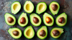 Avocado halves arranged in an aesthetically pleasing and symmetrical pattern