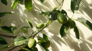 Avocado tree branches intertwined in a botanical composition, adding an elegant touch