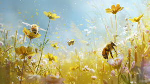 Bees buzzing around a field of wildflowers, creating a lively and cheerful scene