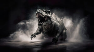 Black and white wallpaper of a dinosaur jumping out and raising smoke on a black background