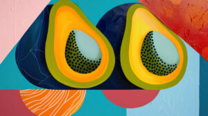 Bold lines and contrasting colors bring a modern aesthetic to an abstract avocado artwork in this wallpaper